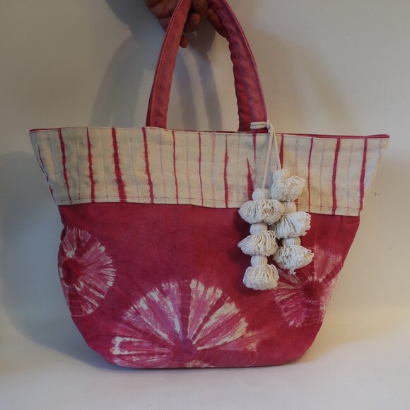 NWT Jadetribe New York Pink White Tie Dye Pom Pom Tasselled Canvas Tote Bag * - Picture 1 of 10